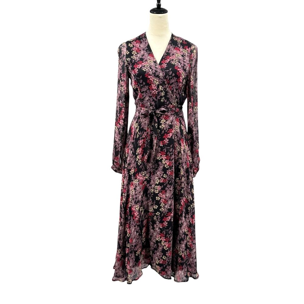 Polo Ralph Lauren Dark Mauve Pink Floral Crepe Long Sleeve Midi Wrap Dress